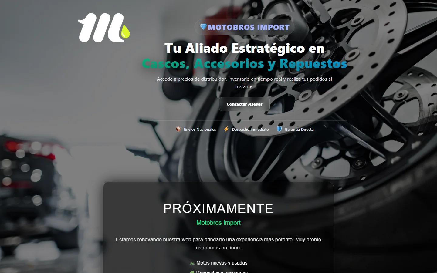 Página de inicio de Motobros Import: captura real en escritorio
