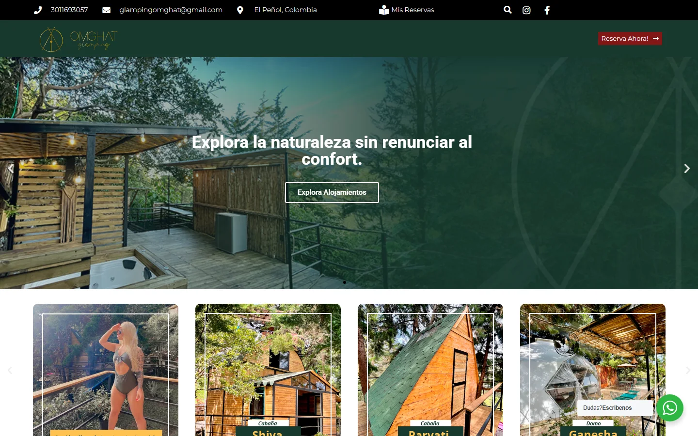 Página de inicio de OMGHAT Glamping: captura real en escritorio