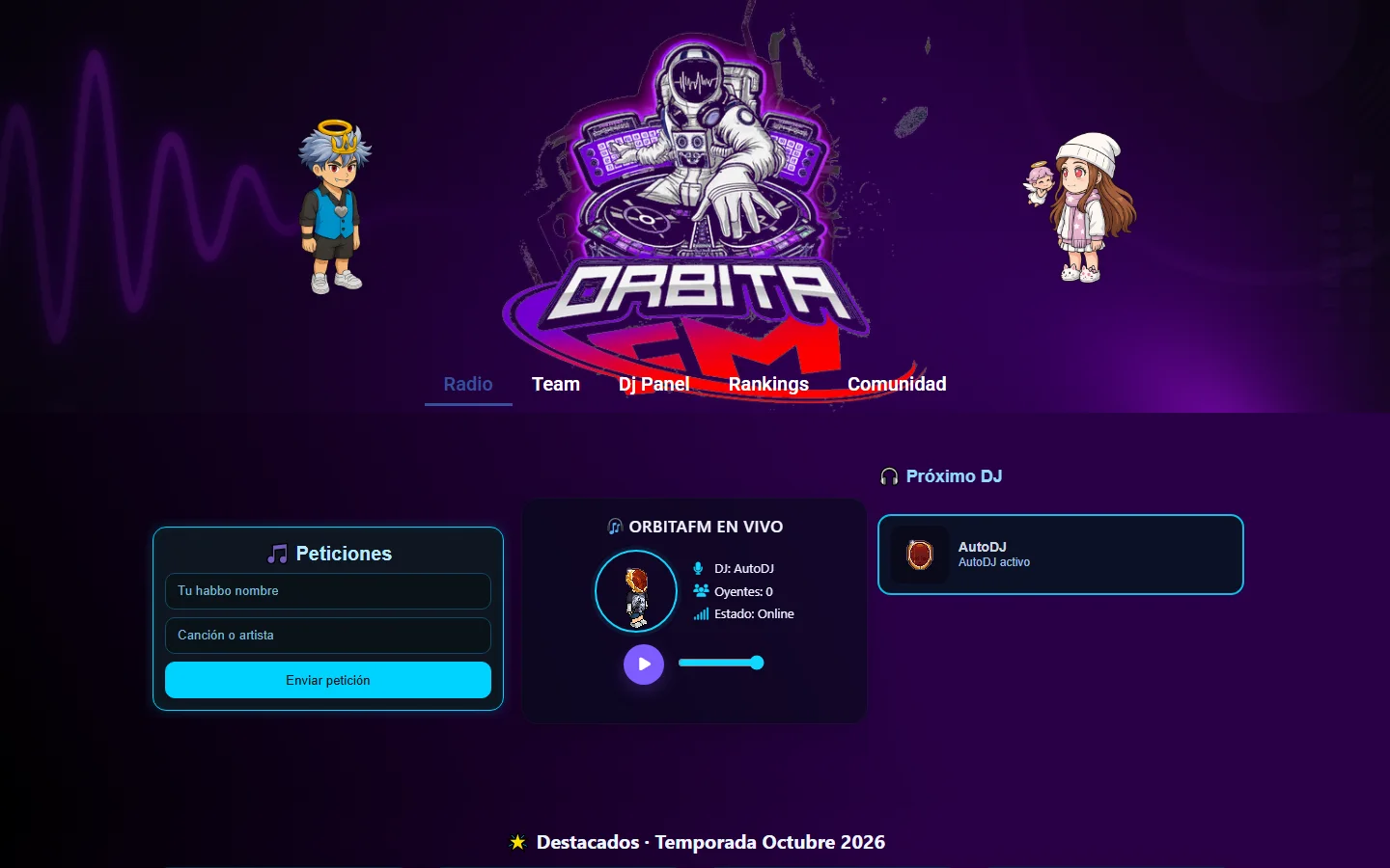 Página de inicio de Órbita FM: captura real en escritorio