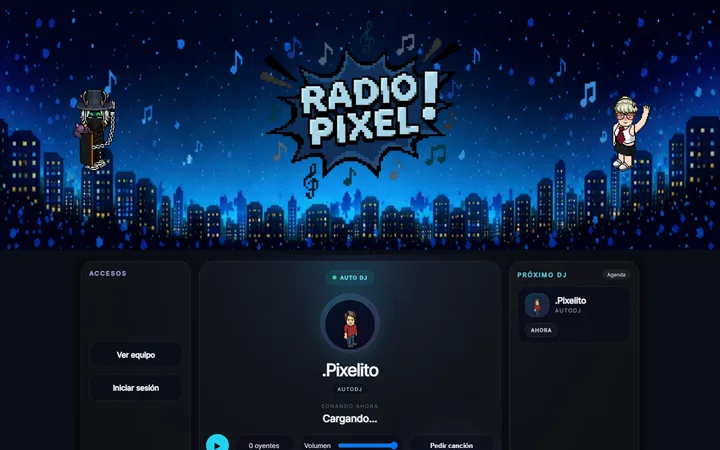 Página de inicio de Radio Pixel: captura real en escritorio
