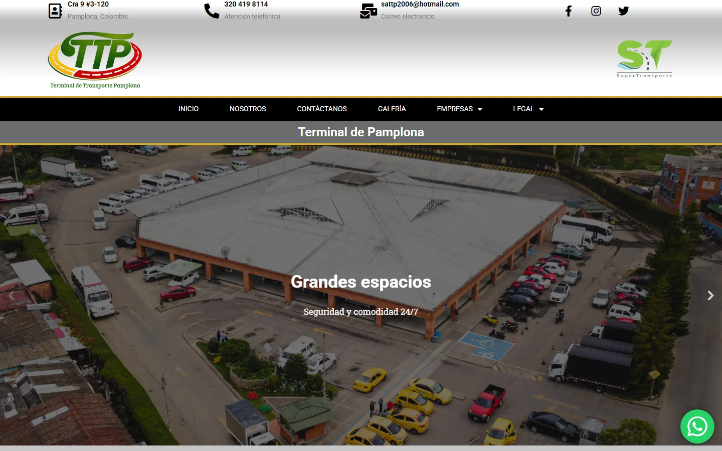 Página de inicio de Terminal de Transporte Pamplona: captura real en escritorio